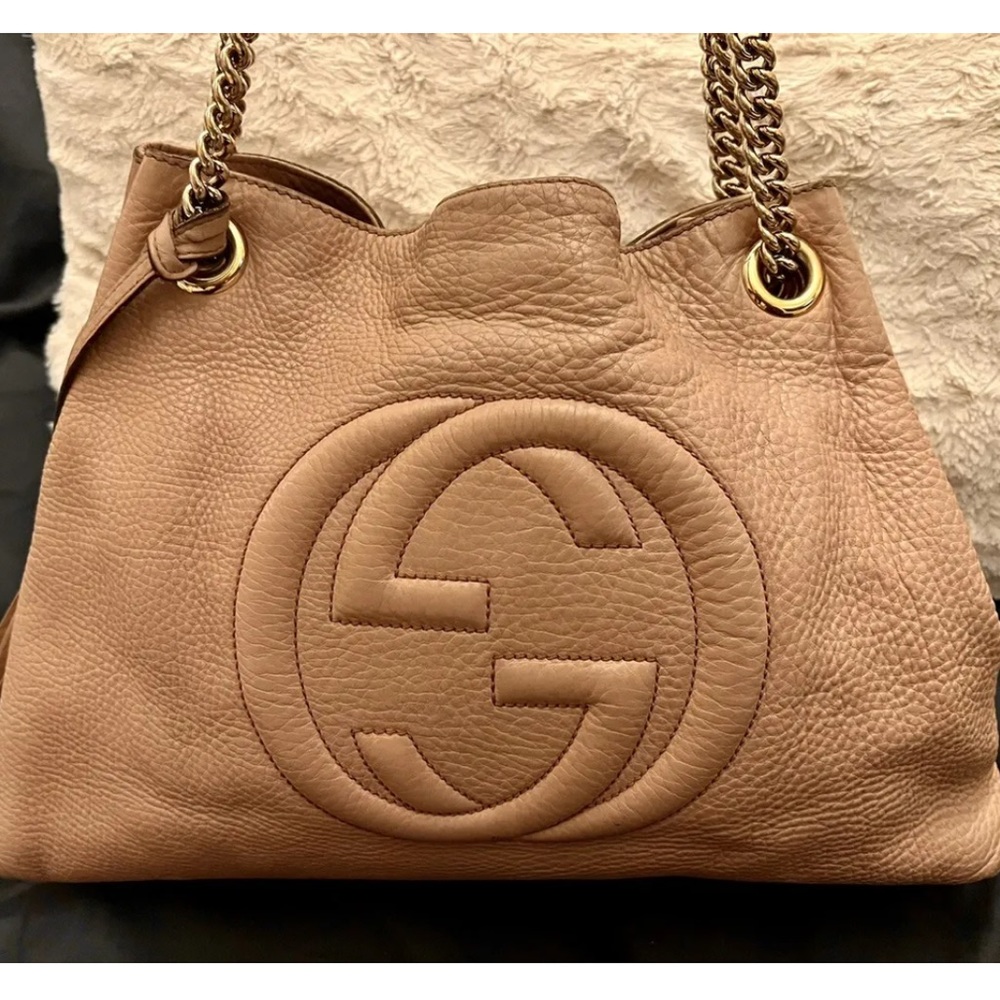 Gucci Shoulder Bag Soho Pebbled Calfskin Medium Chain Dark Cipria Pink Leather